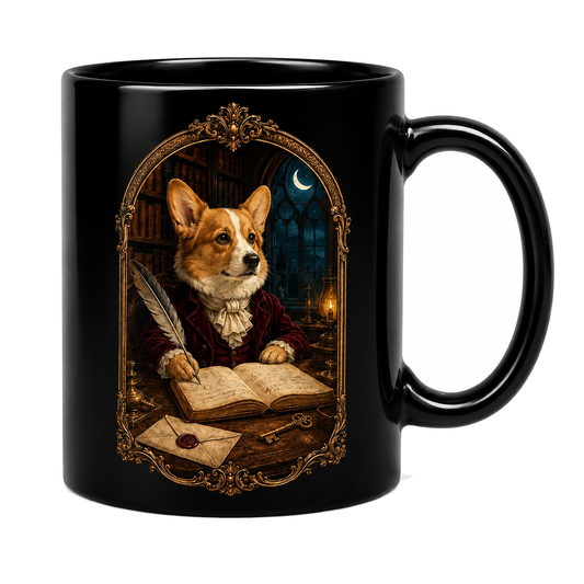 Gothic Scholar Corgi Mug – Dark Academia Gift for Readers