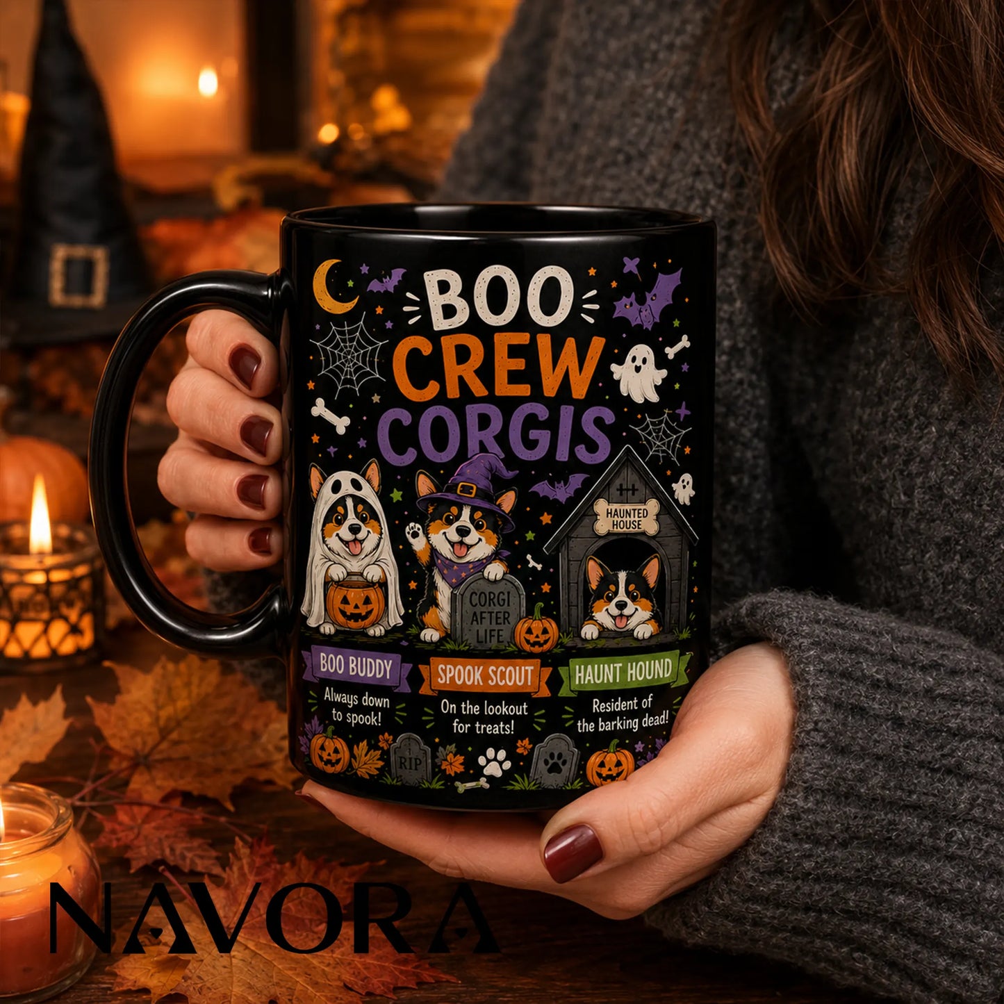 Black Boo Crew Corgi Halloween mug with ghost, witch, pumpkins, bats, and haunted doghouse design