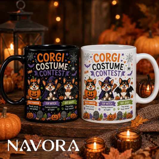 Black Corgi Halloween mug with pumpkin, witch, and bat costume contest design