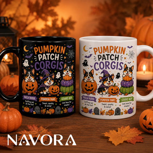 Black Corgi Halloween mug with pumpkin patch, witch hat, ghosts, and jack-o’-lantern design