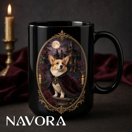 Black Gothic Corgi Halloween mug with haunted mansion, full moon, candles, red roses, and ornate gold frame