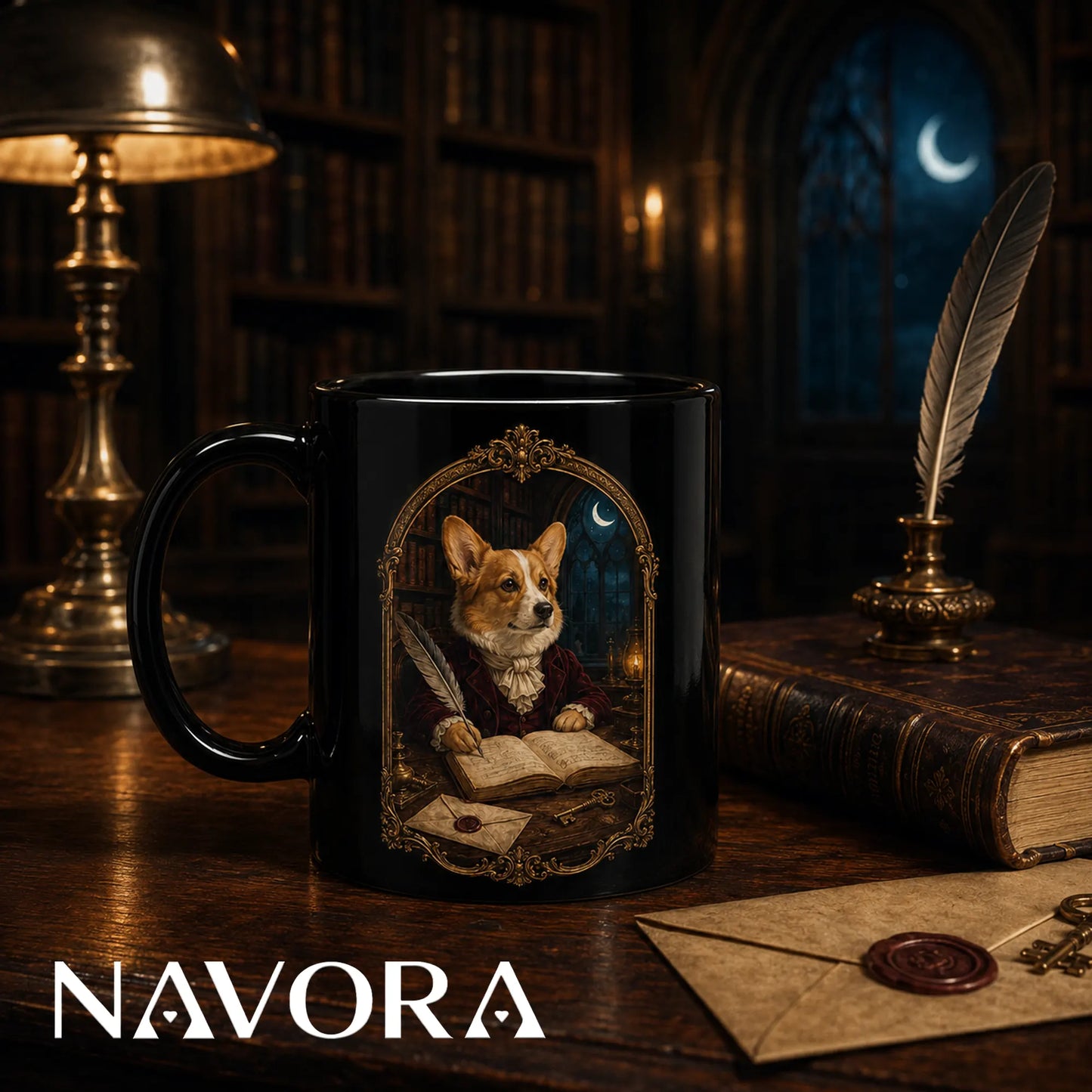 Black Gothic Scholar Corgi mug with moonlit library, feather quill, antique books, letters, and ornate gold frame