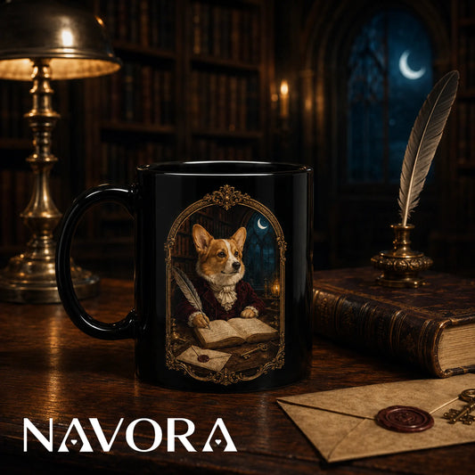Black Gothic Scholar Corgi mug with moonlit library, feather quill, antique books, letters, and ornate gold frame