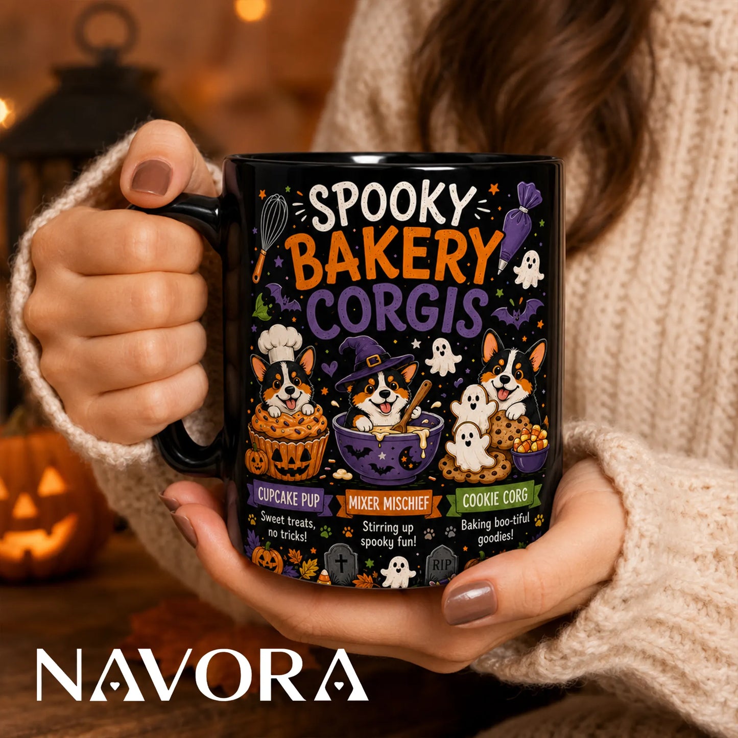 Black Spooky Bakery Corgi Halloween mug with cupcake, witch baker, ghost cookies, pumpkins, and bats