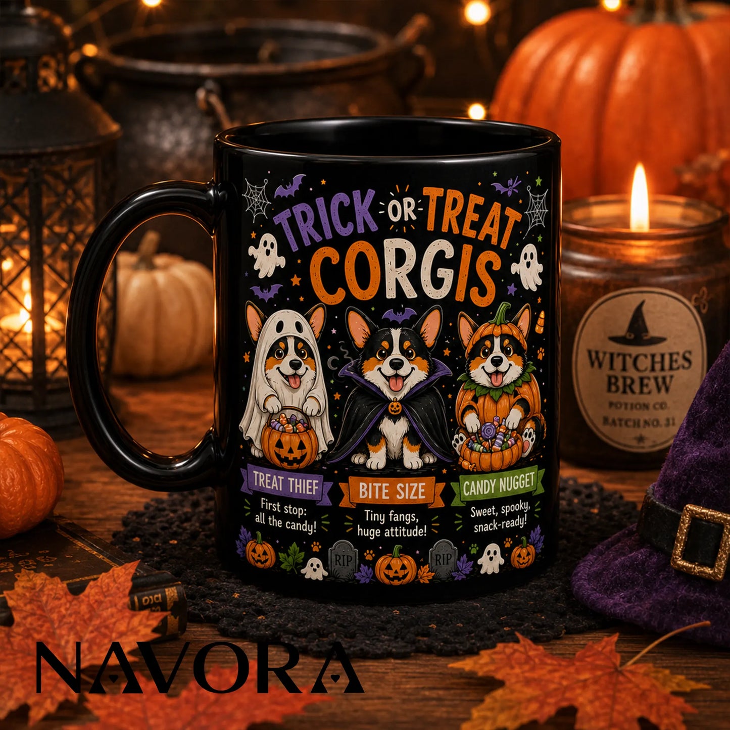 Black Trick or Treat Corgi Halloween mug with ghost, vampire, pumpkin costumes, candy, bats, and jack-o’-lanterns