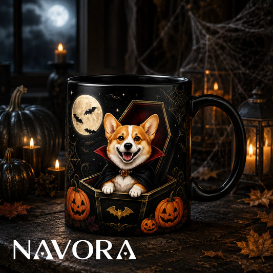 Black Vampire Corgi Coffin Halloween mug with caped dog, glowing pumpkins, bats, spiderwebs, and full moon