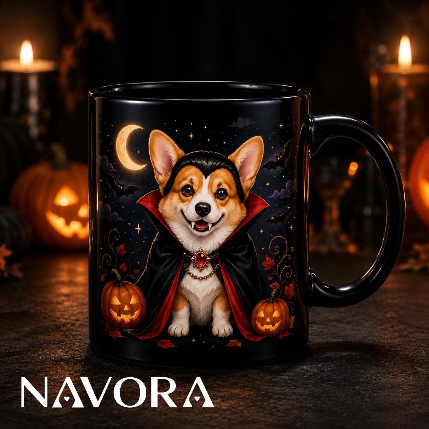 Black Vampire Corgi Halloween mug with red cape, glowing pumpkins, bats, crescent moon, and Gothic night design