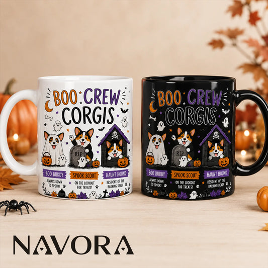 Boo Crew Corgis Halloween mug featuring three cute Corgis with ghosts, pumpkins, bats, and a haunted doghouse.