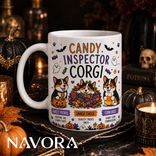 Candy Inspector Corgi Halloween mug with three Corgis, colorful candy, pumpkins, ghosts, and bats.