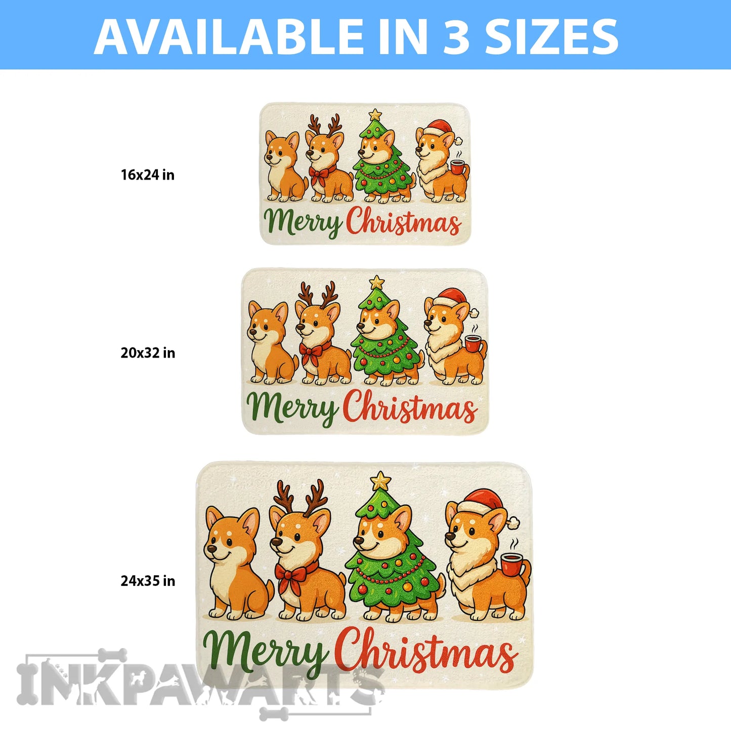 Three Christmas-themed signs with dogs and a tree, available in different sizes, on a white background.