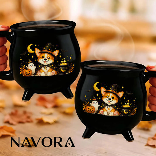 Corgi Halloween Cauldron Mug with cute witch dog pumpkin and ghost design