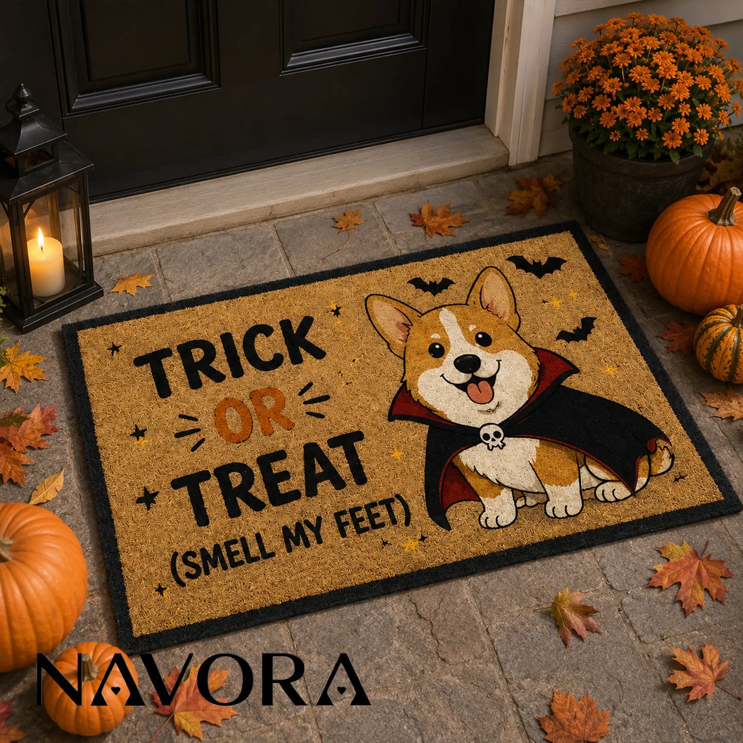 Corgi Halloween light-weight coir doormat with vampire dog and Trick or Treat design