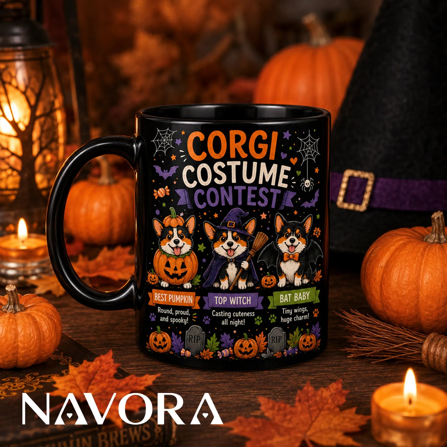 Corgi Halloween mug with pumpkin witch and bat costume contest design