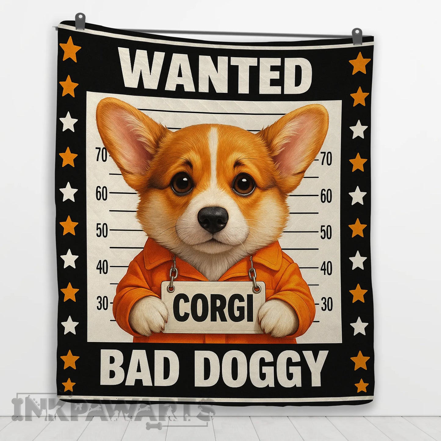 Corgi Quilt Funny Wanted Bad Doggy Mugshot Blanket