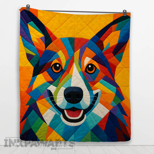 Corgi Quilt Vibrant Geometric Dog Face Blanket for Corgi Lovers