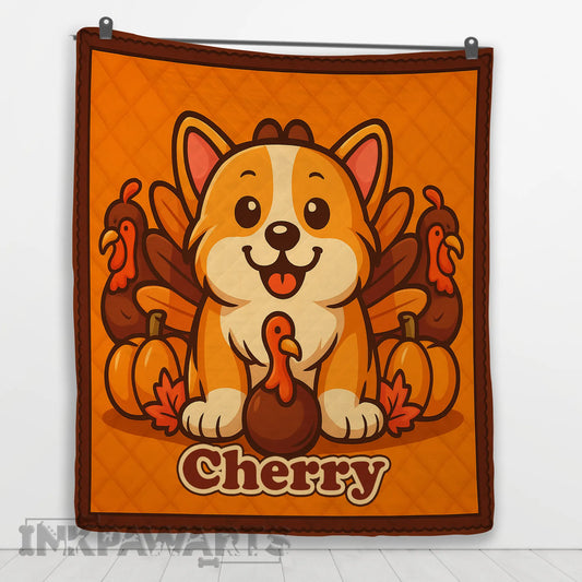 Personalized Corgi Quilt with Thanksgiving theme – cartoon dog, turkeys, pumpkins, and custom name