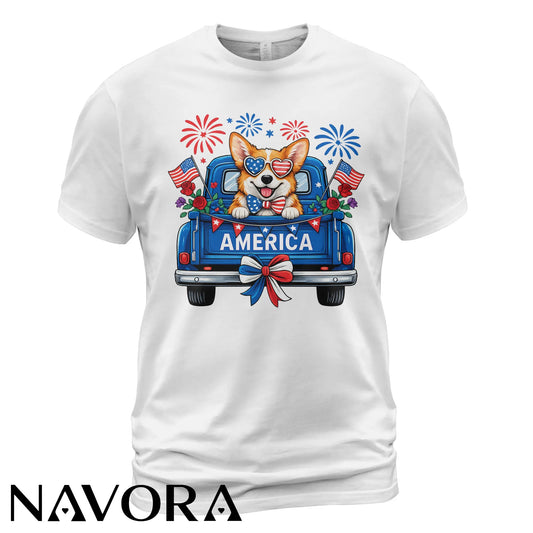 Corgi T-Shirt – Patriotic America Truck 4th of July Independence Day Shirt