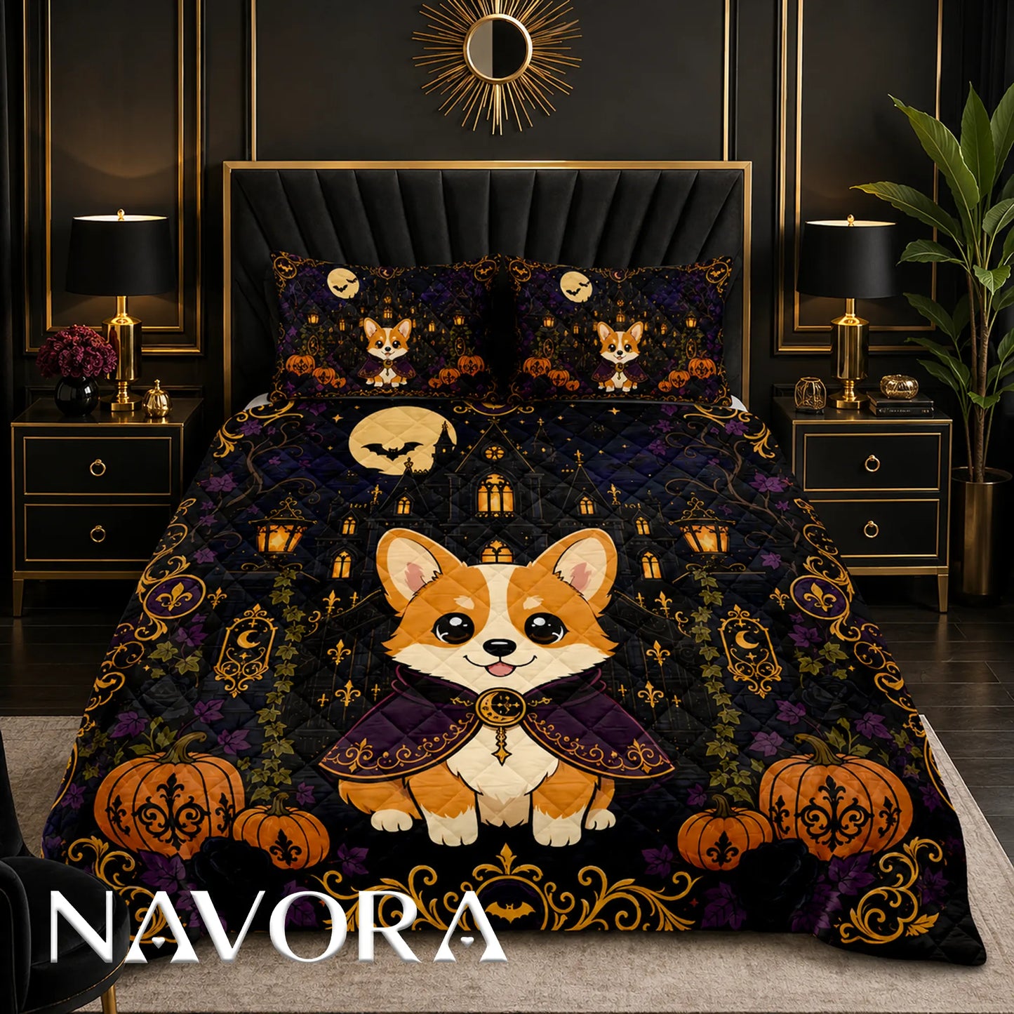 Gothic Halloween Corgi quilt featuring a vampire Corgi, haunted manor, pumpkins, bats and ornate gold details
