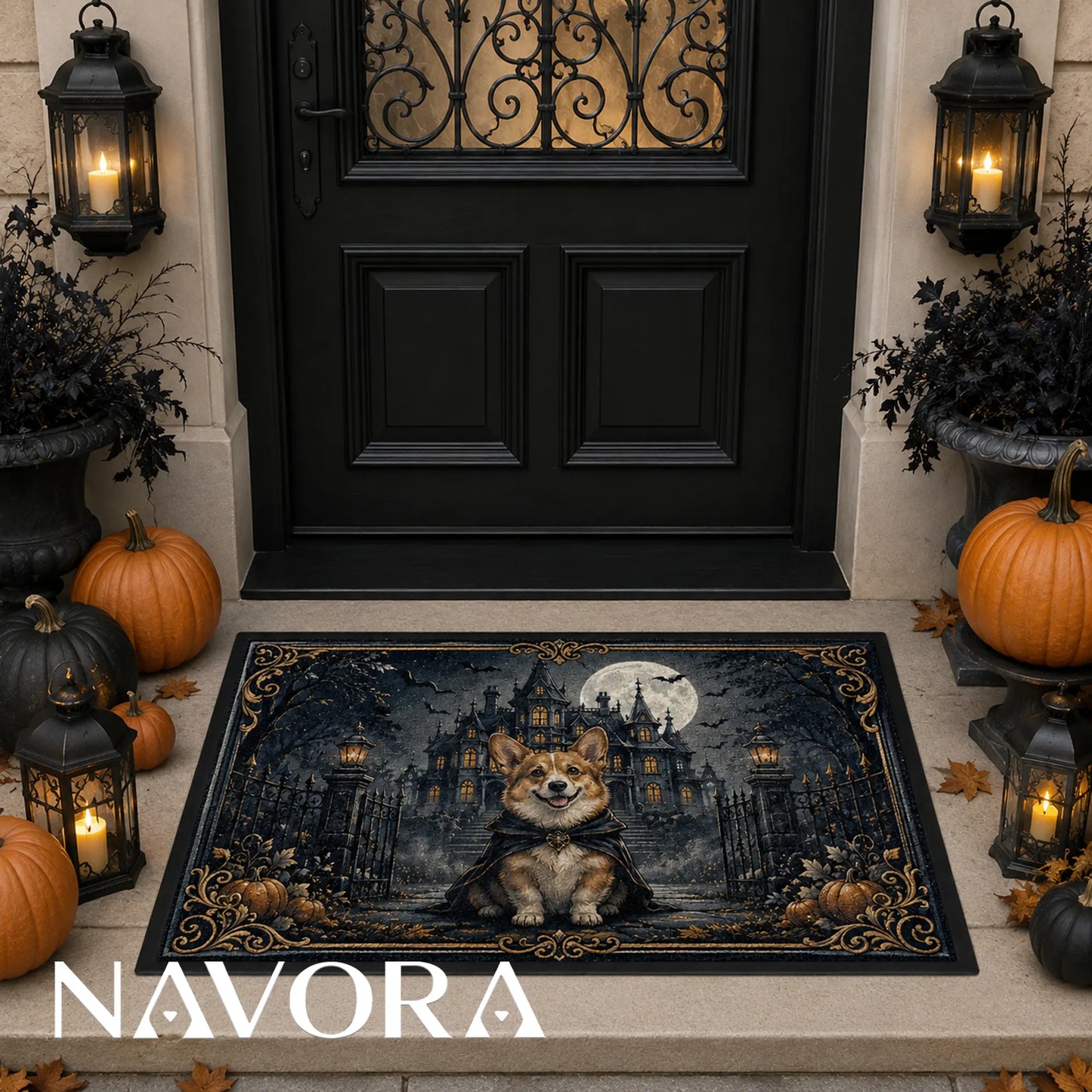 Gothic Corgi Halloween doormat with haunted manor and full moon