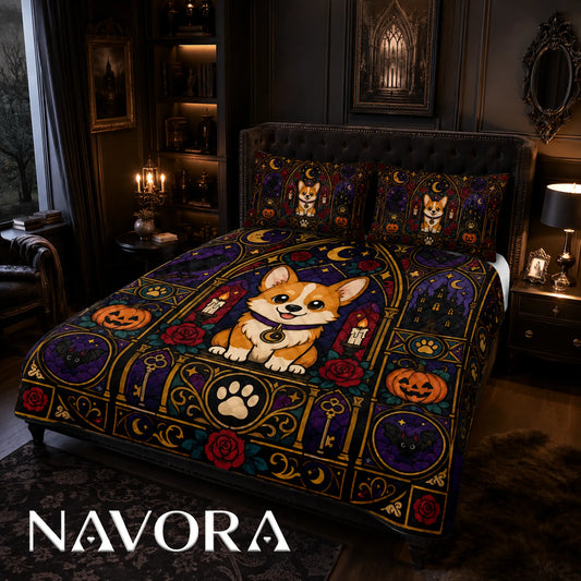 Gothic stained glass Corgi Halloween quilt bedding set with ravens, black cats, pumpkins, candles and roses