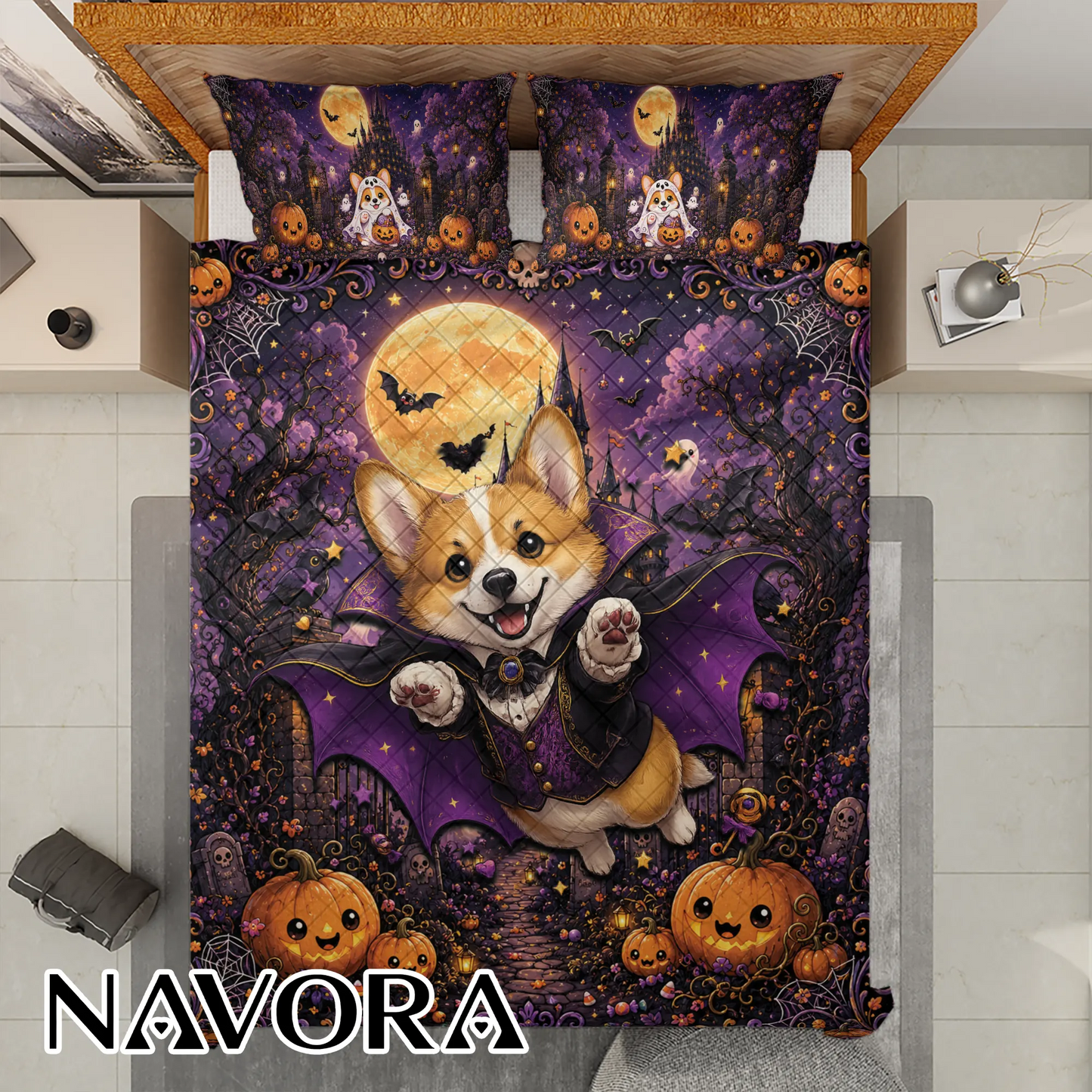 Halloween Corgi Bedding Set – Spooky Cute Bedroom Decor