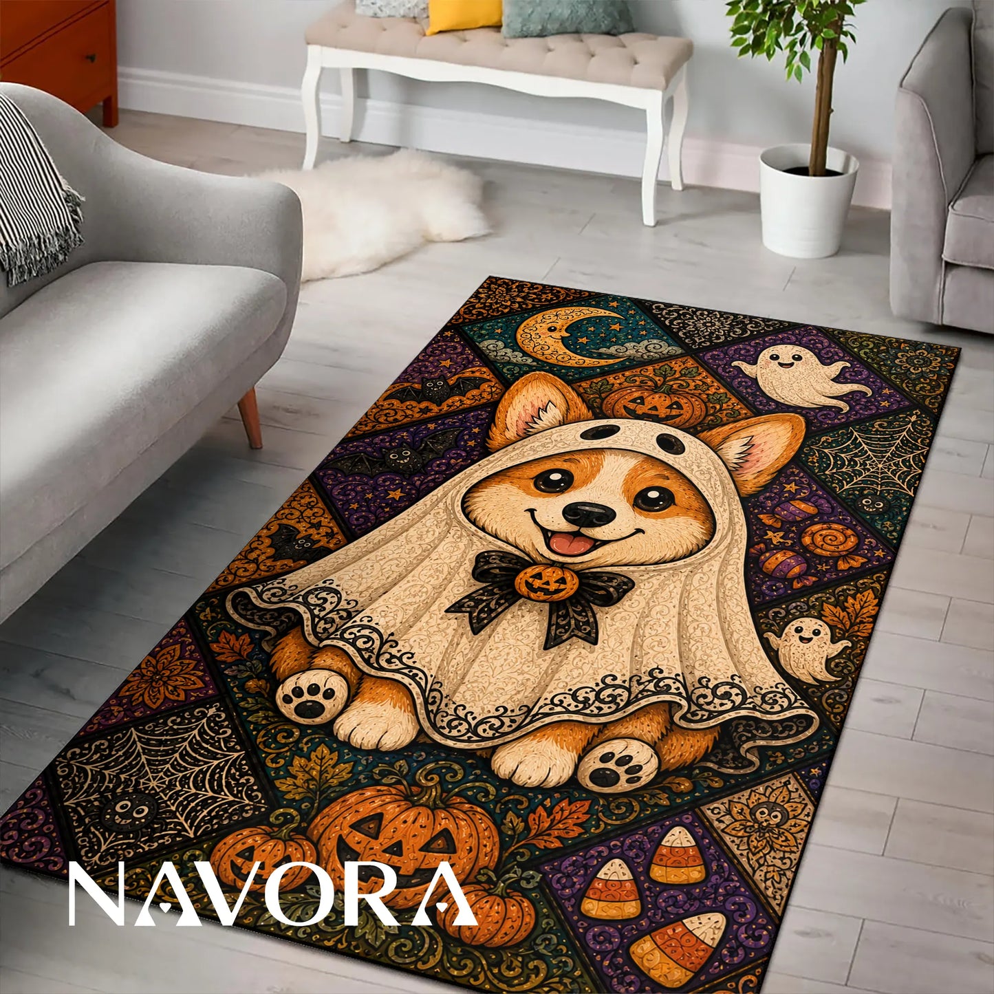 Halloween Corgi Rug – Cute Spooky Area Rug Decor
