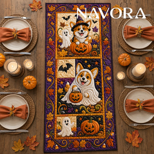 Halloween Corgi quilt table runner with ghost and witch Corgis, pumpkins, bats, candy corn and purple autumn borders