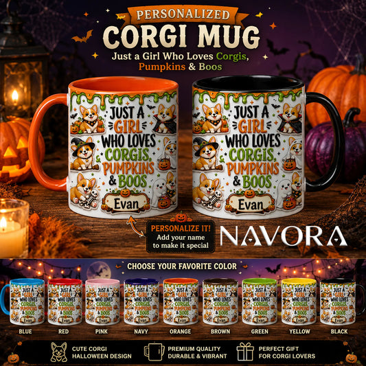 Personalized Corgi Halloween accent mug with orange handle, pumpkins, ghosts and custom name