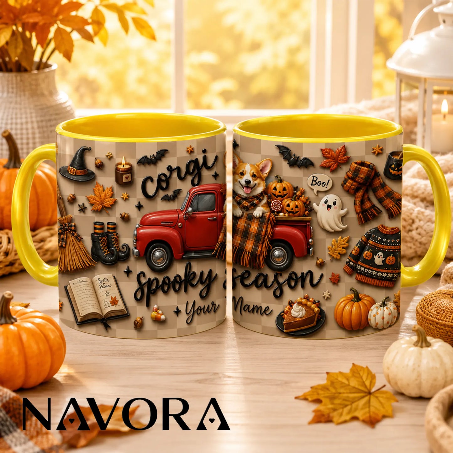 Personalized Corgi Halloween mug with pumpkins, ghosts, red truck and custom name