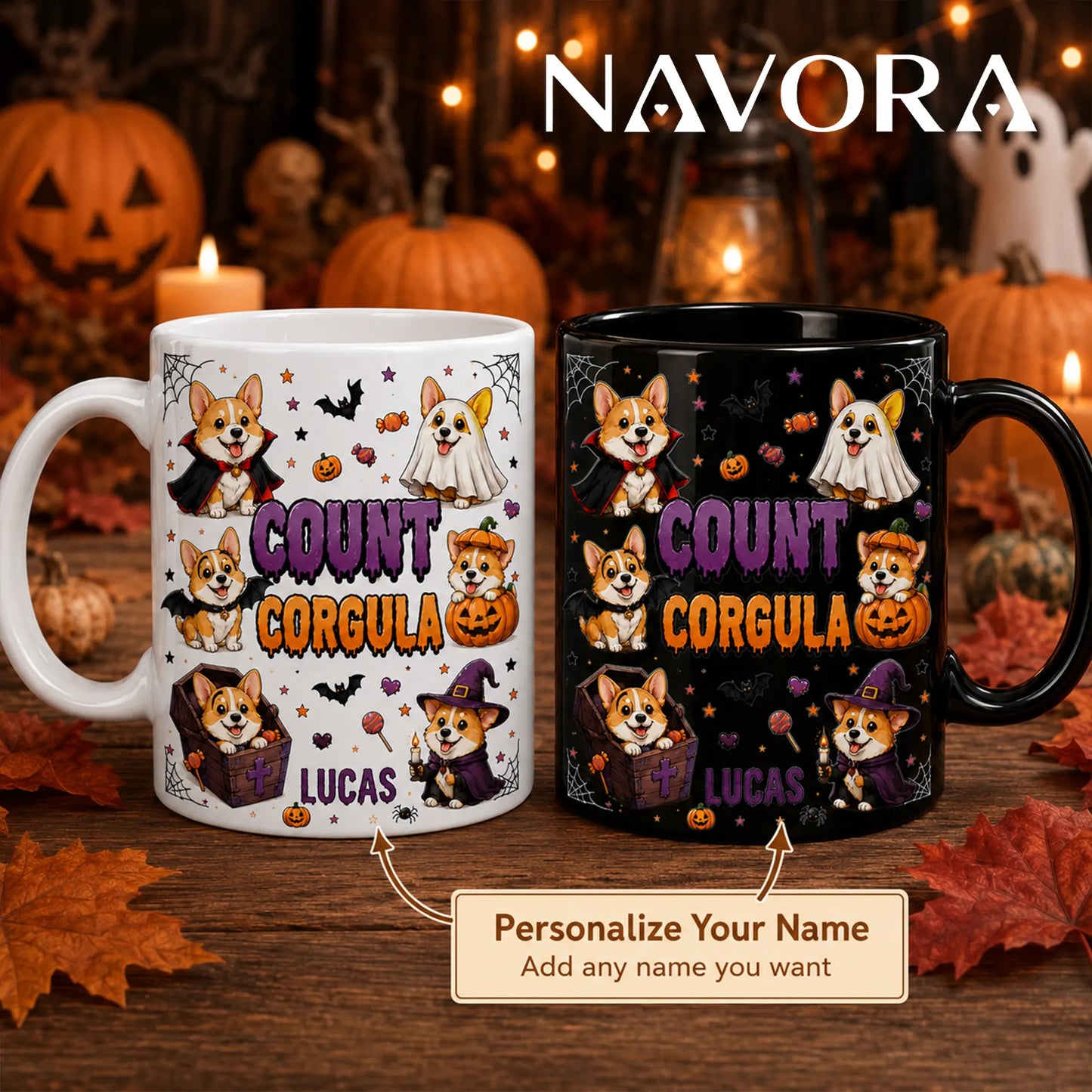 Personalized Count Corgula Halloween mugs in black and white with custom name, vampire, ghost, pumpkin, bat, coffin, and witch Corgis