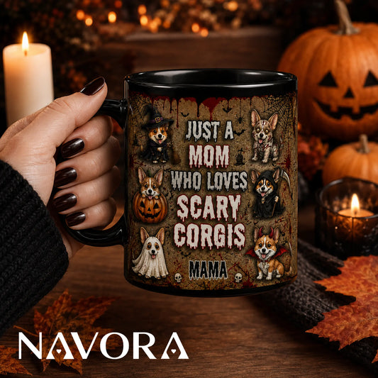 Personalized Scary Corgis Halloween mug for mom with custom name, witch, zombie, pumpkin, ghost, grim reaper, and devil dogs