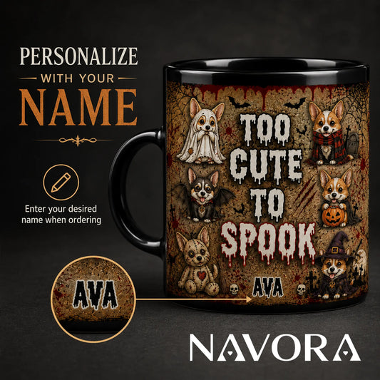 Personalized Too Cute to Spook Corgi Halloween mug with custom name, ghost, bat, pumpkin, stitched doll, and witch dogs