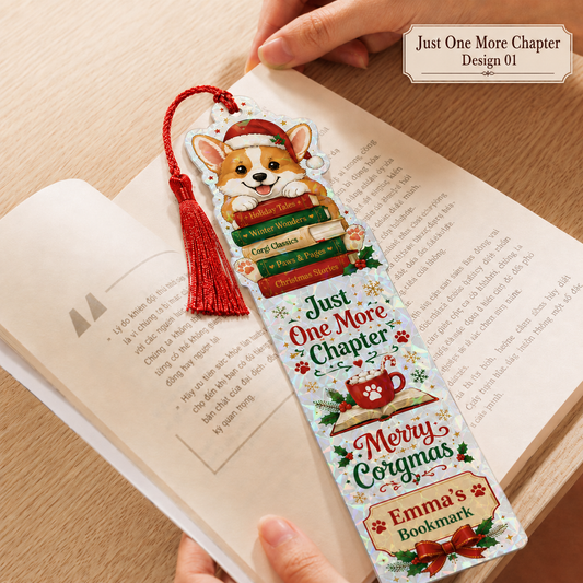 Personalized Corgi With Books Christmas Holographic Bookmark