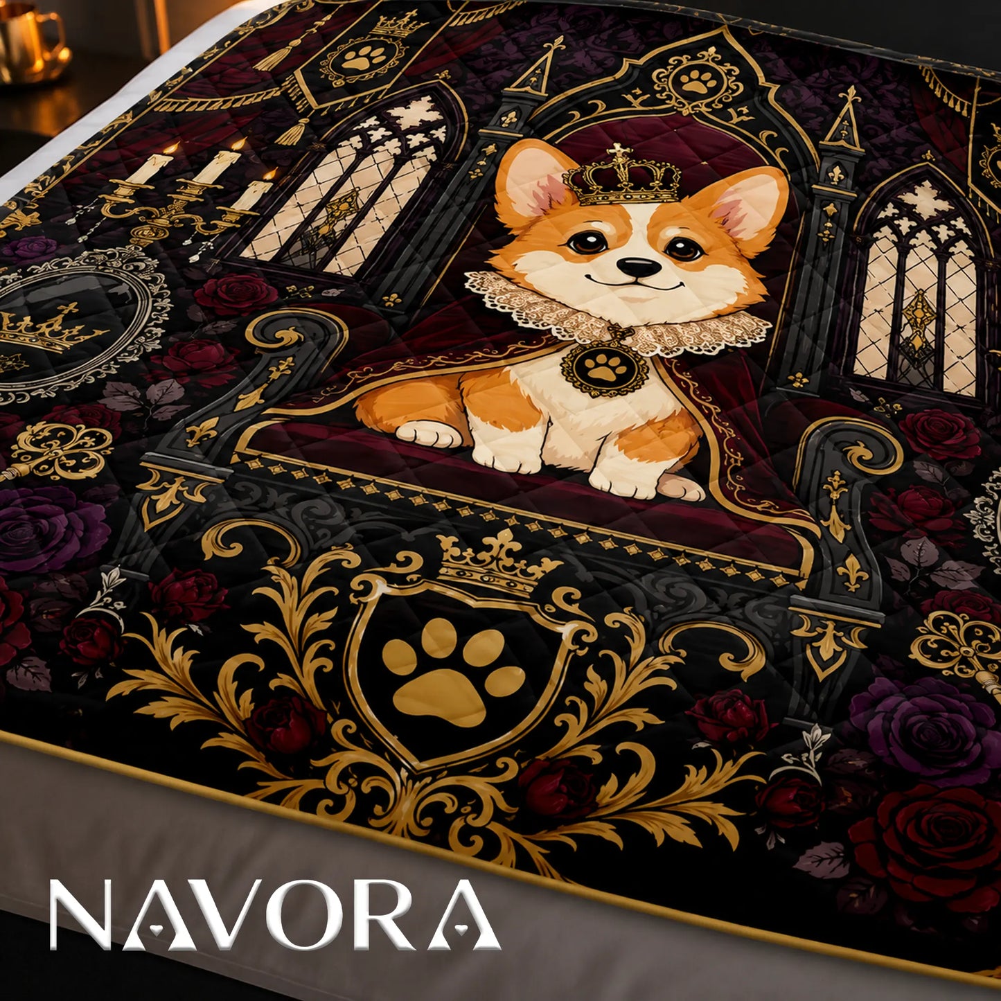 Royal Gothic Corgi quilt featuring a crowned Corgi on an ornate throne with cathedral windows, candles, red roses and gold decorations