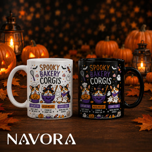 Spooky Bakery Corgis Halloween mug featuring three Corgis with a pumpkin cupcake, mixing bowl, ghost cookies, bats, and pumpkins.