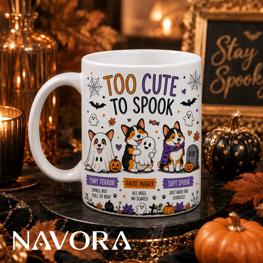 Too Cute To Spook Corgi Halloween mug with three cute Corgis, ghosts, pumpkins, and fall decorations.
