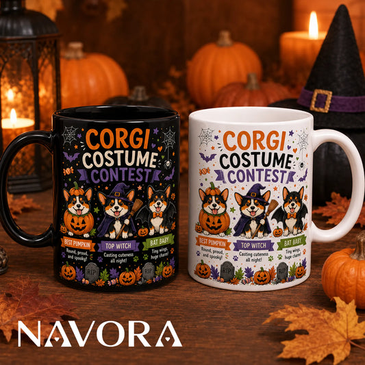 Corgi Halloween mug with pumpkin witch and bat costume contest design