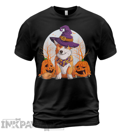 InkPawArts Halloween Corgi T-Shirt with dog in witch hat and two carved pumpkins on black tee