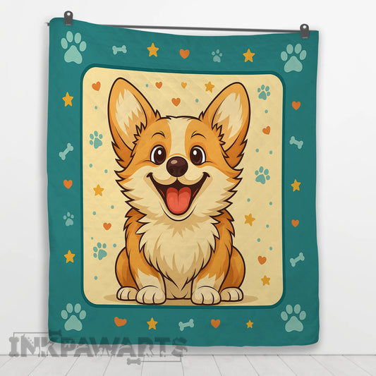 Cute cartoon Corgi Quilt with paw prints, bones, stars, and hearts on teal background