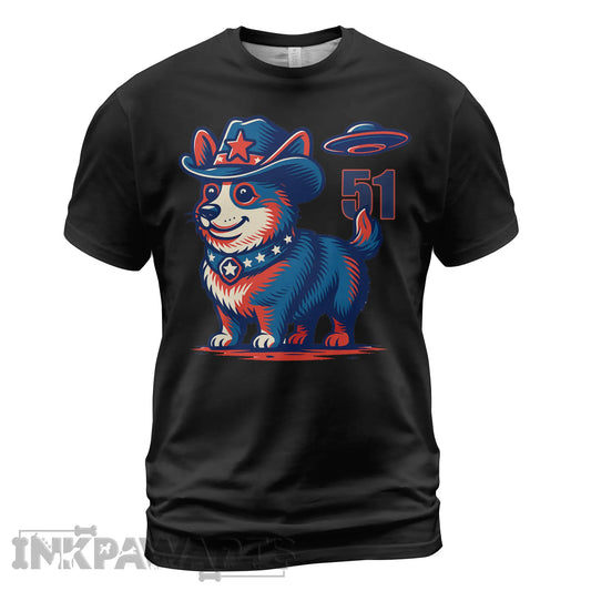 Black Corgi T-Shirt by InkPawArts featuring a patriotic corgi in a cowboy hat with a UFO and number 51
