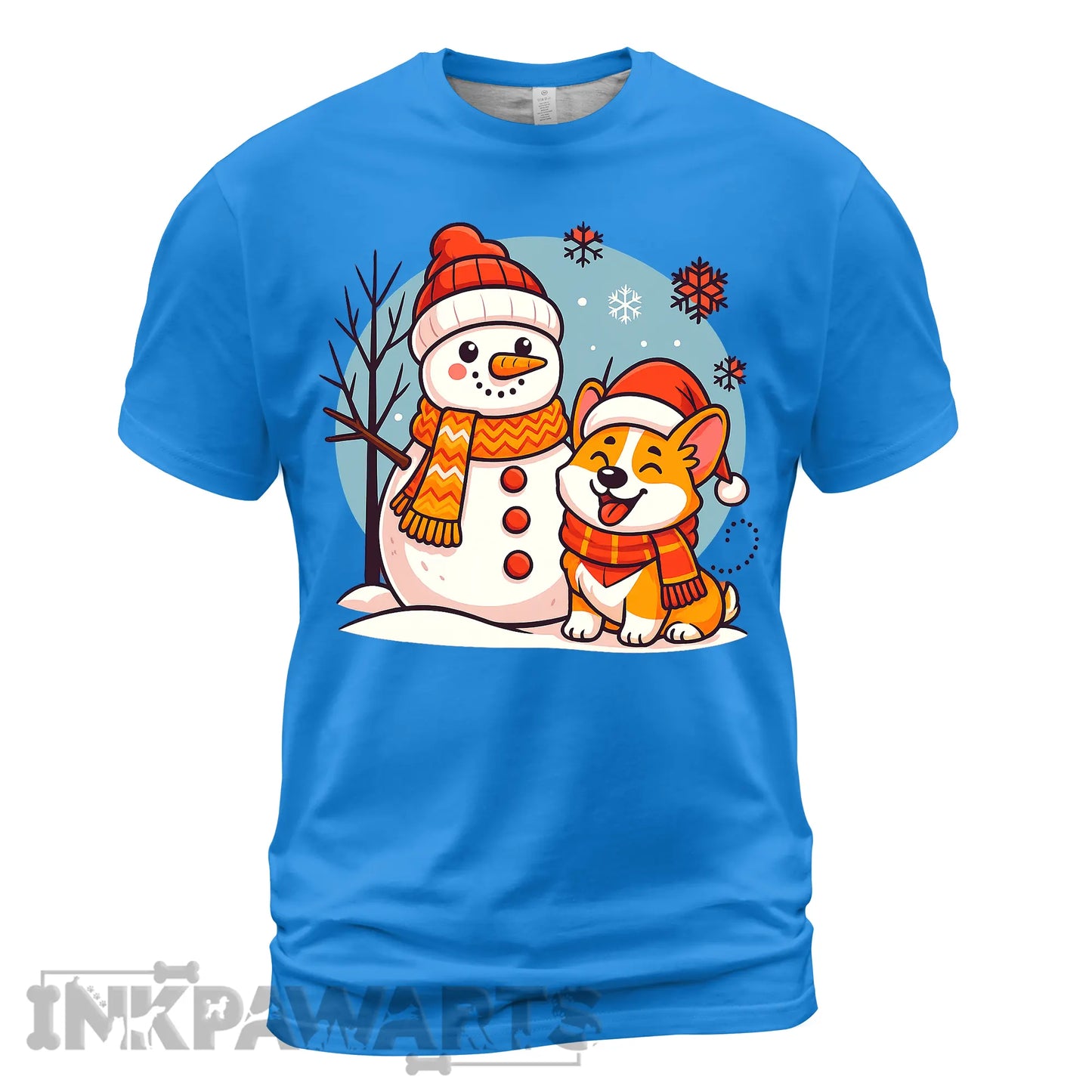 Blue Corgi T-Shirt featuring a happy corgi with a snowman and winter scarf design