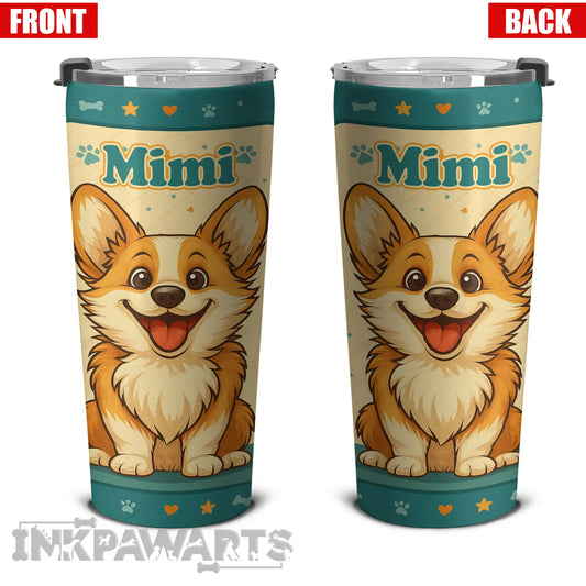 Corgi Tumbler with cute cartoon corgi dog design and personalized name Mimi on front and back