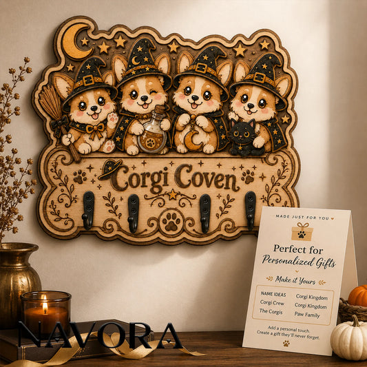 Close-up of Corgi Coven Halloween Wood Key Rack featuring four witch Corgis, moon, stars and detailed wooden layers
