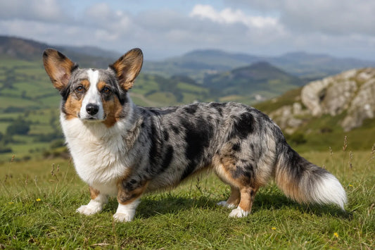 Adult Cardigan Welsh Corgi standing outdoors with its long fox-like tail visible