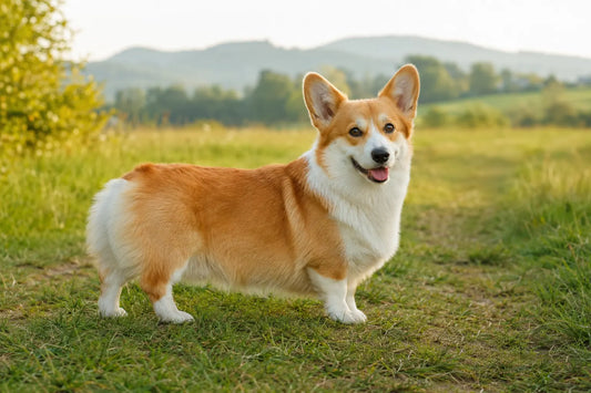Adult Pembroke Welsh Corgi standing in a natural outdoor setting
