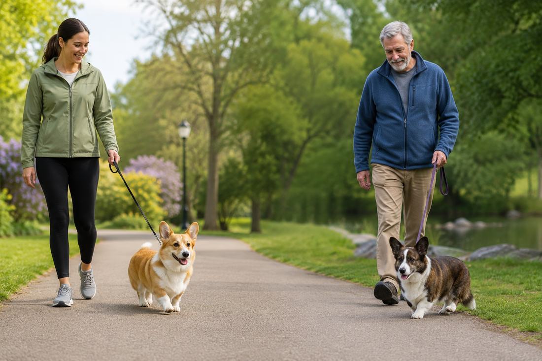 Adult and senior Corgis exercising at comfortable individual paces