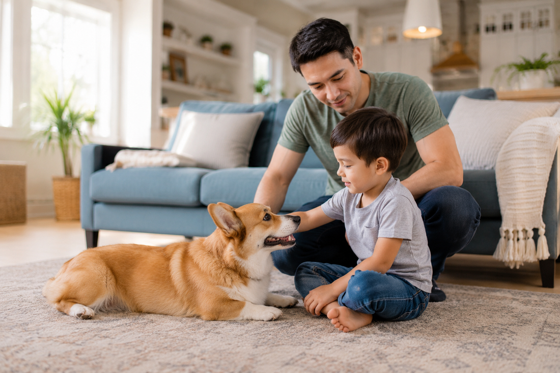Adult supervising a calm child and Corgi interaction at home