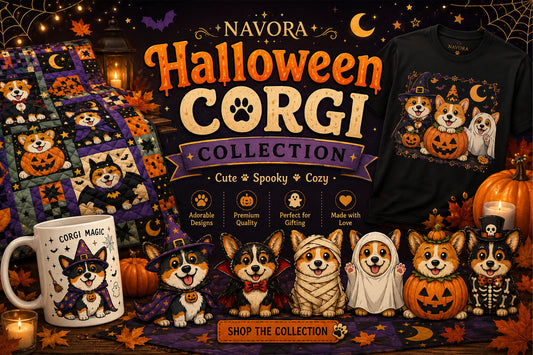 Corgi Halloween gift ideas including a shirt, mug, bedding and doormat