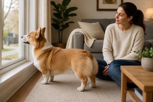 Corgi looking toward a window during an alert barking trigger