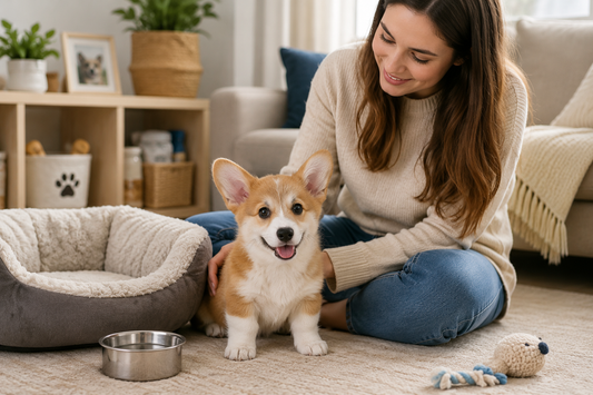 Corgi puppy beside its owner in a prepared home space